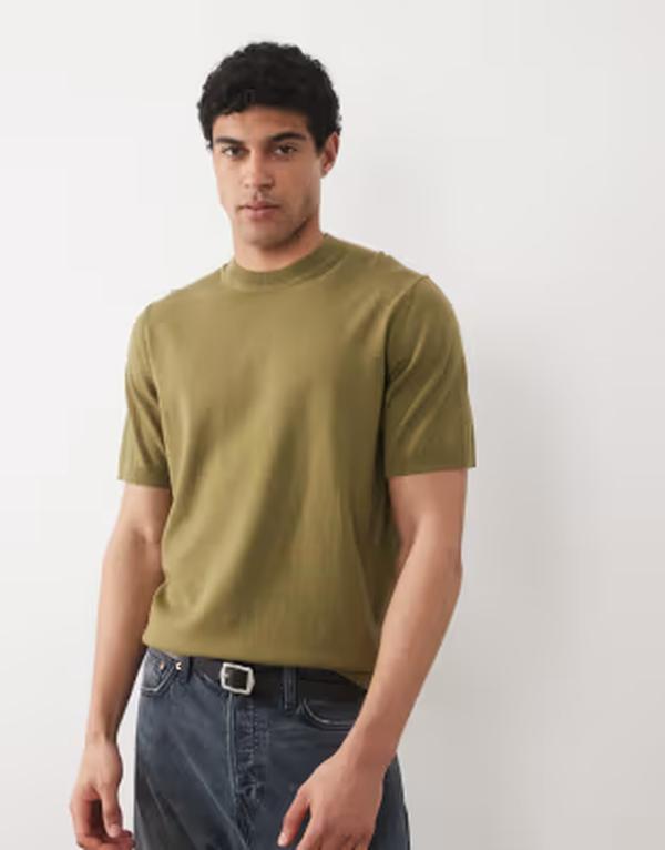 エイソス メンズ トップス プルオーバー 編み物 ASOS DESIGN Essential relaxed fine-knit crew-neck t-shirt Khaki カーキ
