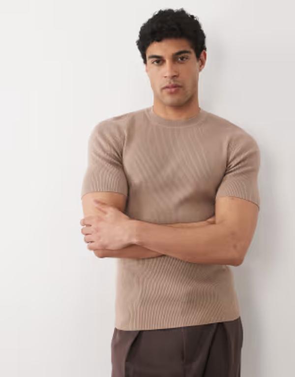 エイソス メンズ トップス ティーシャツ リブニット ASOS DESIGN Essential muscle-fit fine-rib knit crew-neck t-shirt インチ taupe トープ