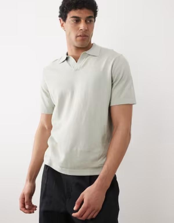 エイソス メンズ トップス スポーツシャツ 編み物 ASOS DESIGN Essential relaxed fine-knit notch polo インチ sage サルヴィア