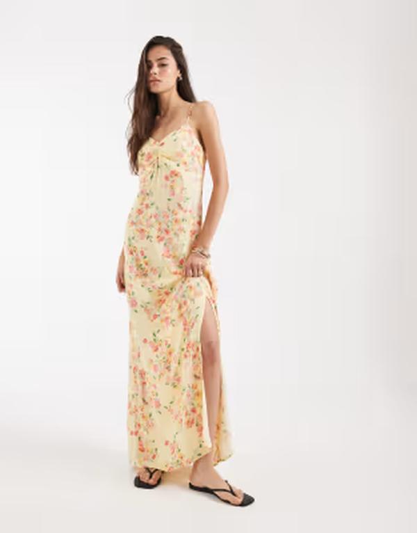 ベロモーダ レディース トップス 衣装 御花柄 刷り上げる ギャザー midi 御花 Vero Moda Tall ruched bust detailing camidi dress インチ yellow based floral print Golden Haze Holly 黄色