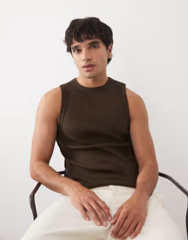 エイソス メンズ トップス より良い ASOS DESIGN super heavyweight muscle fitank top インチ dark brown rib Demitasse 赤銅色