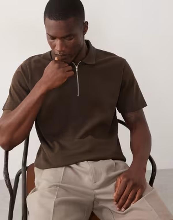 エイソス メンズ トップス スポーツシャツ レギュラー相応う ASOS DESIGN regular fit polo with zip インチ dark brown pique Demitasse 赤銅色