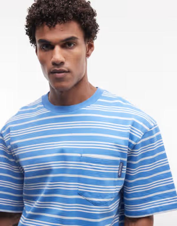 コルージョン メンズ トップス ティーシャツ COLLUSION striped t-shirt with pocket detail BLUE 青碧