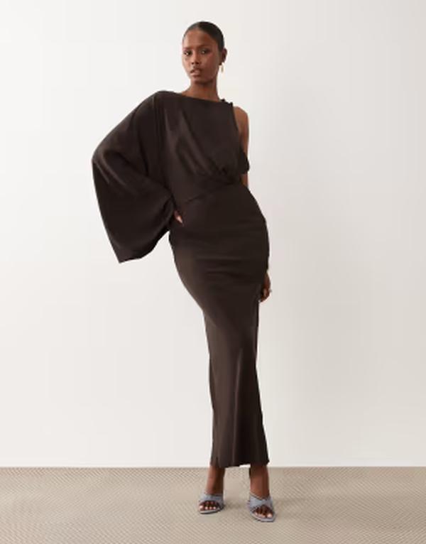 エイソス レディース トップス 衣裳 ドレープ マキシ ASOS DESIGN one shoulder drape back column maxi dress インチ chocolate Brown 赤銅色