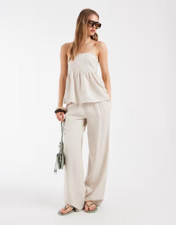 ピーシーズ レディース ボトムス 心地好いズボン下 リネン PIECES tie waist linen blend pants インチ creamelange - part of a set Birch melange 皮膚軟化剤