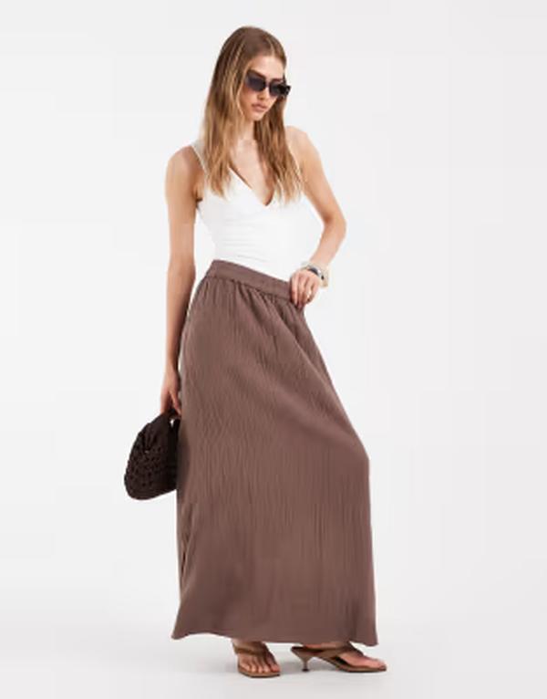 ピーシーズ レディース 下つ方スコート 綿織物 マキシ PIECES cotton maxi skirt インチ chocolate COFFEE QUARTZ 珈琲
