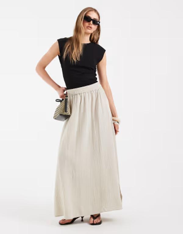 ピーシーズ レディース 下つ方スコート 綿織物 マキシ PIECES cotton maxi skirt Silver Lining しろがね色