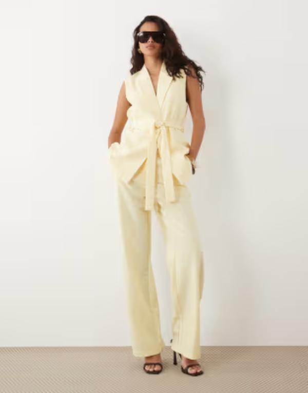 離宮 レディース ボトムス 心地好いズボン下 ワイドレッグ VILA wide leg tailored pants インチ pastel yellow - part of a set Pastel Yellow 黄色