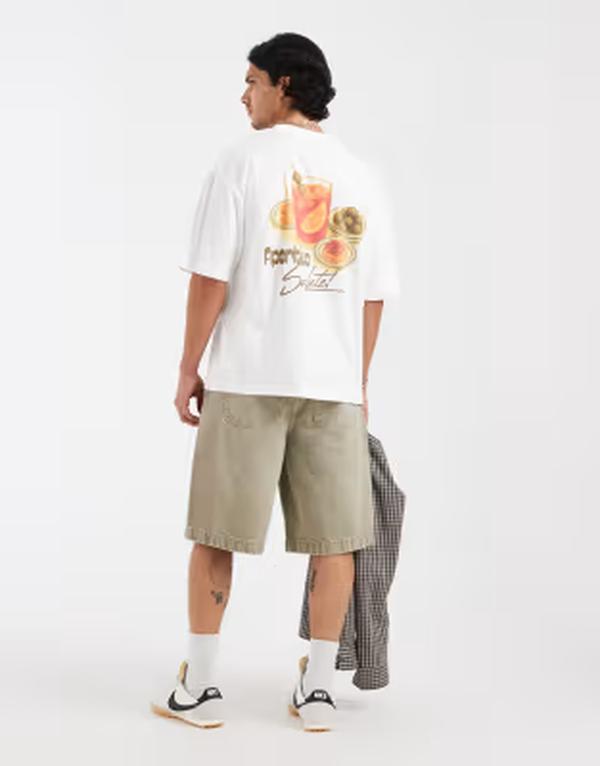 エイソス メンズ トップス ティーシャツ グラフィック ASOS DESIGN boxy oversized T-shirt with cocktail back graphic and embroidery detail WHITE 白いこと