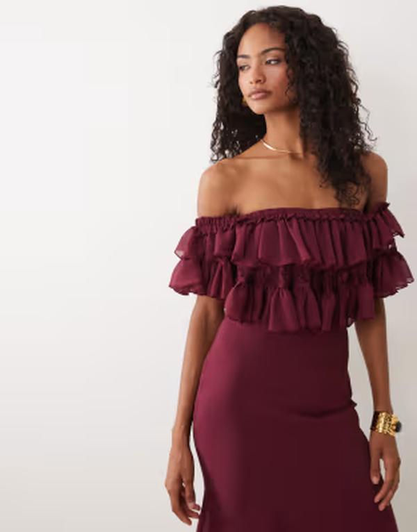 エイソス レディース トップス 衣裳 フラウンス MIDI スピード競技 ASOS DESIGN lace mix bardot off shoulderuffle MIDI dress Burgundy バーガンディ