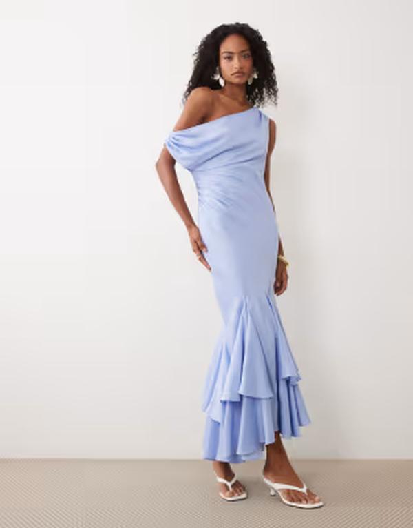 エイソス レディース トップス 衣裳 非対称 ASOS DESIGN fallen shoulder midaxi dress with asymmetric godet hem Blue 青碧