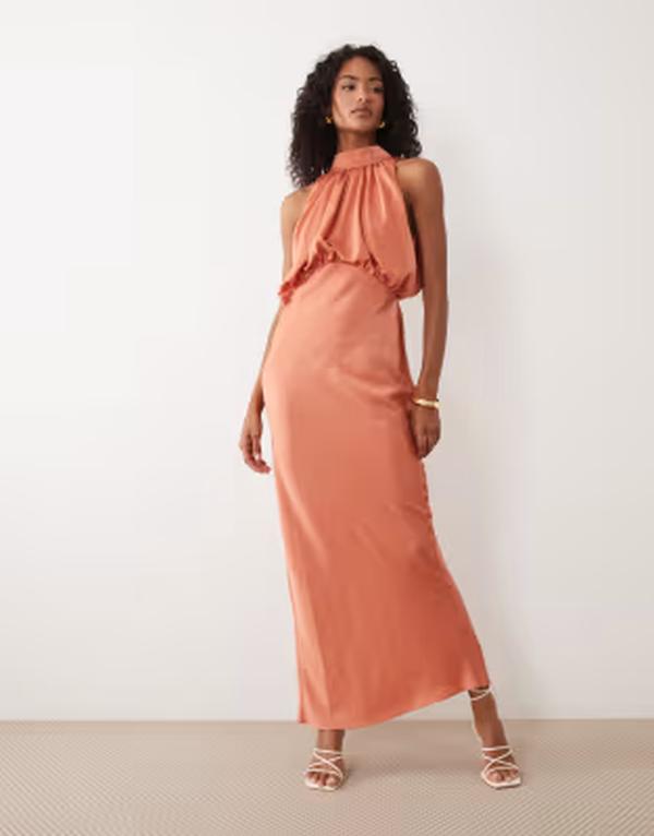 エイソス レディース トップス 衣裳 繻子 マキシ ホルター ASOS DESIGN halter neck blouson satin maxi dress インチ copper