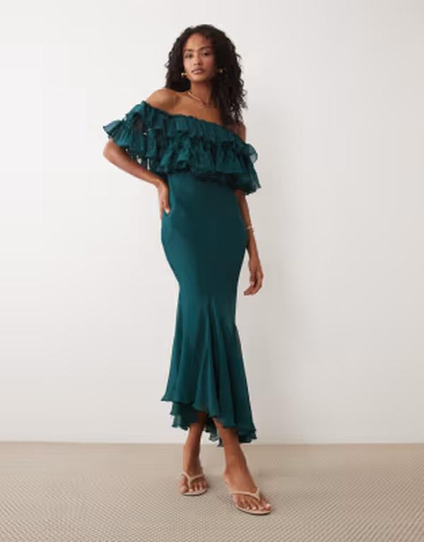 エイソス レディース トップス 衣裳 フラウンス MIDI スピード競技 ASOS DESIGN lace mix bardot off shoulderuffle MIDI dress インチ teal ティール