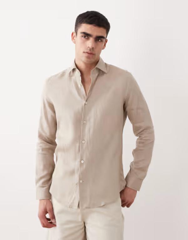 マンゴ メンズ トップス ティーシャツ リネン Mango 100% linen relaxed shirt BEIGE ベージュ