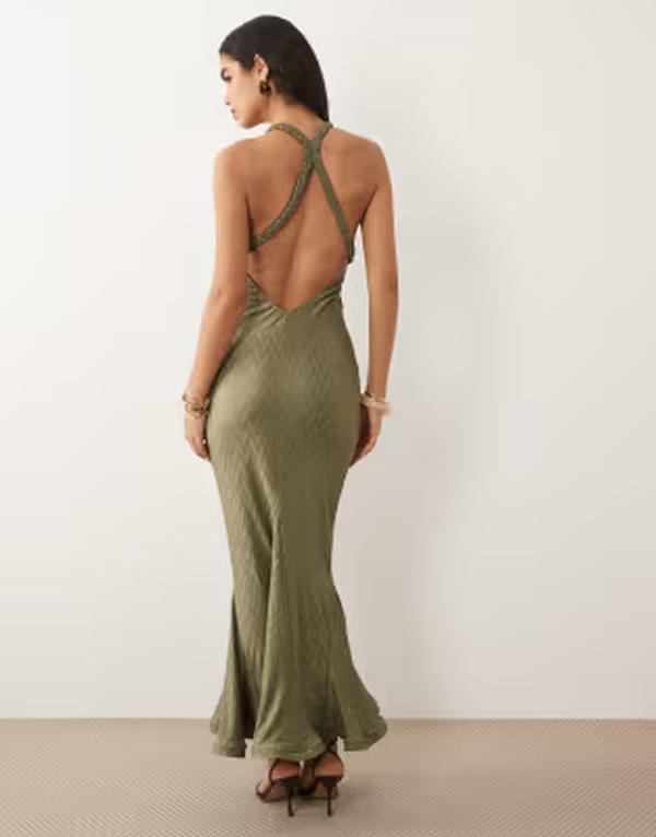 エイソス レディース トップス 衣裳 Vのど首 マキシ ASOS DESIGN zigzag plisse v-neck maxi dress with braid strap detail Khaki カーキ