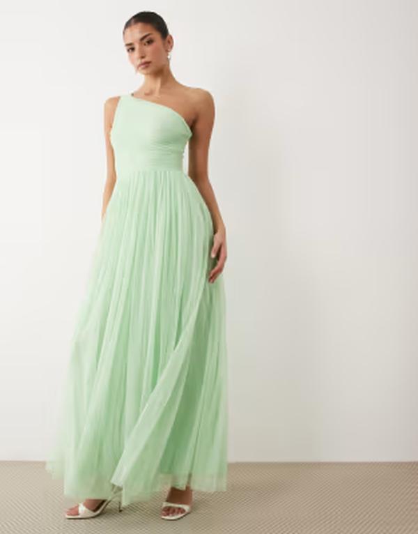 スピード競技 アンド ビーズ レディース トップス 衣装 チュール マキシ Lace \u0026 Beads Bridesmaid tulle one shoulder fitted waist maxi dress インチ light sage Light sage サルヴィア