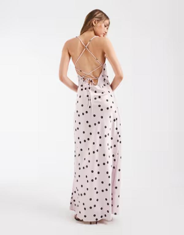 オブジェクト レディース トップス ワンピース ドット柄 ドット サテン マキシ Object satin low cross back maxi slip dress in pale pink and brown polka dot Lilac/Brown ライラック｜ReVida 店