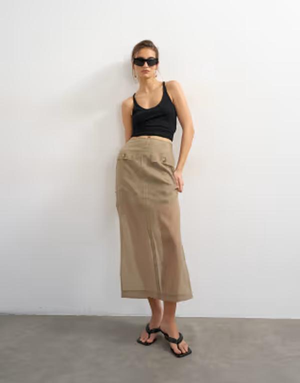 いの一番販売店 レディース 下つ方スコート マキシ Topshop organza column maxi skirt with pockets mink ミンクのコート