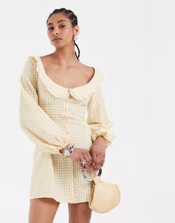 エイソス レディース トップス 衣装 ギンガム照合のしるし ミニ ギンガム ASOS DESIGN baby doll collared mini dress with godets インチ yellow gingham YELLOW 黄色