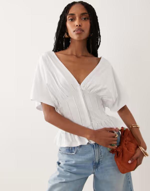 エイソス レディース トップス ティーシャツ ASOS DESIGN gathered bustop with corset waist WHITE 白いこと