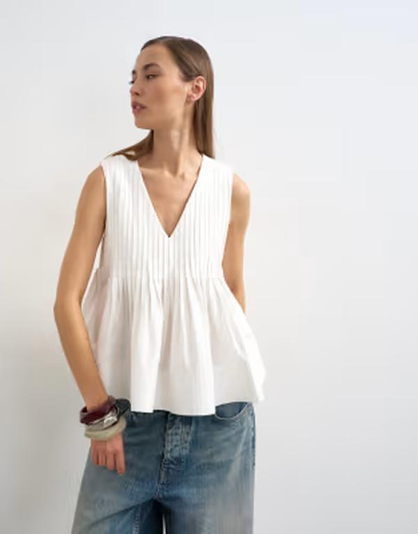 とっ始め販売店 レディース トップス 貯蔵タンクとっ始め Vのど首 A 伝達ルート Topshop V-neck pintuck detail A-line top WHITE 白いこと