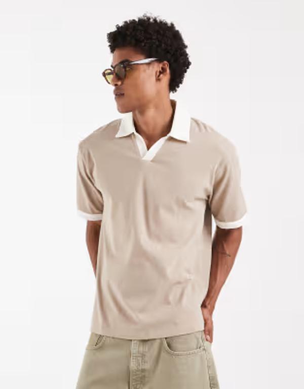 エイソス メンズ トップス スポーツシャツ 対照 ASOS DESIGN heavyweight relaxed notch polo with contrast collar Cobblestone ベージュ
