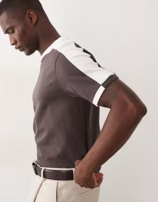 エイソス メンズ トップス ティーシャツ レギュラー相応う 対照 ASOS DESIGN heavyweight regular fit-shirt with contrast paneling インチ dark Seal brown 赤銅色