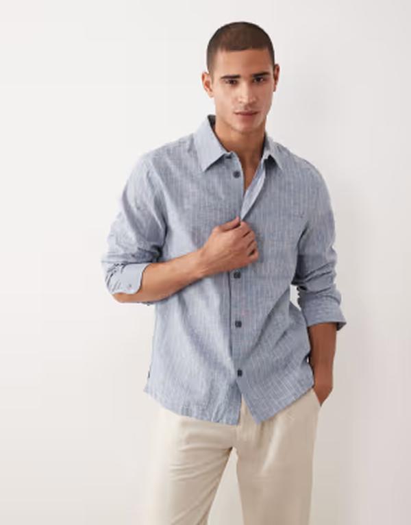 マンゴ メンズ トップス ティーシャツ リネン Mango linen mix long sleeve striped shirt NAVY 米国海軍