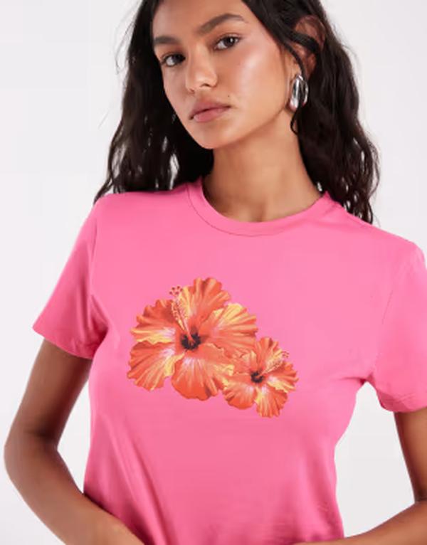 ピーシーズ レディース トップス ティーシャツ クロップド グラフィック PIECES cropped hibiscus graphic T-shirt and orange Bright pink サクラ色