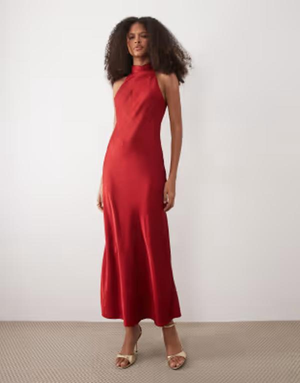 マンゴ レディース トップス 衣裳 繻子 マキシ ホルター Mango halterneck satin maxi dress with tie back RED 赤いこと