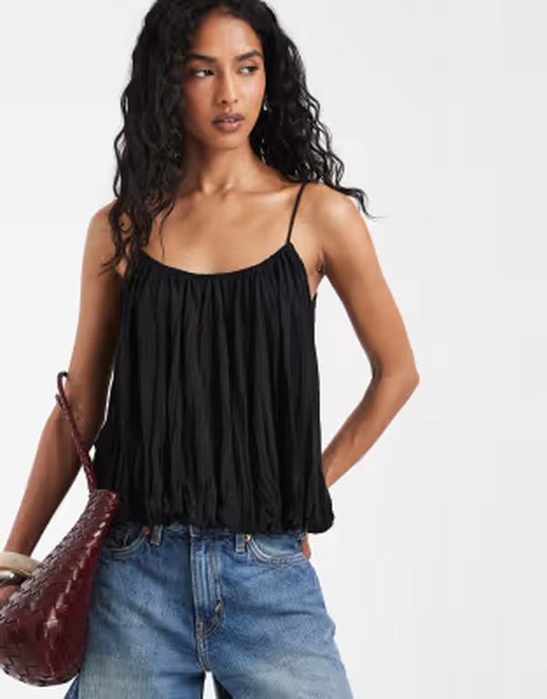 エイソス レディース トップス より良い ASOS DESIGN strappy bubble hem top Black 黒いこと