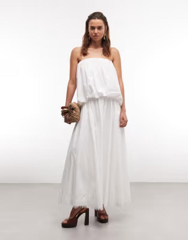 エイソス レディース トップス 衣裳 刺しゅう スピード競技 マキシ ASOS DESIGN bandeau poplin maxi dress with embroidered lace hem white 白いこと