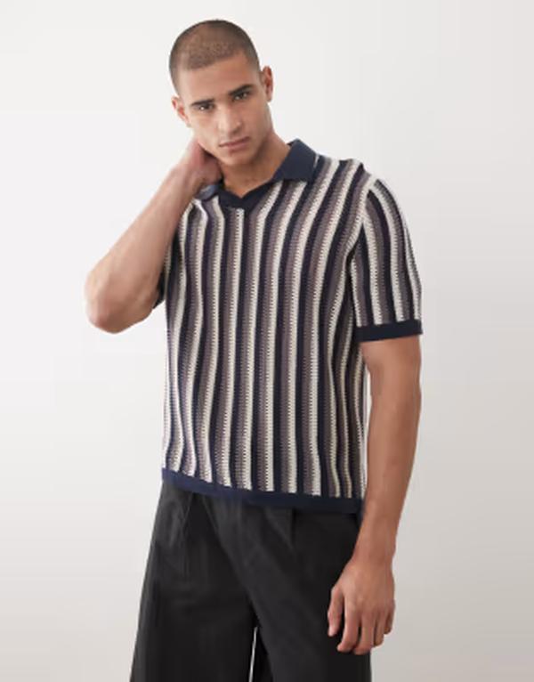 オンリーアンドサンズ メンズ トップス スポーツシャツ 伸び伸びする相応う 編み物 ONLY \u0026 SONS relaxed fit split necknit polo and blue stripes PeacoatSH+MN 青碧