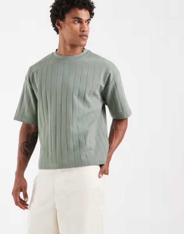 エイソス メンズ トップス ティーシャツ ASOS DESIGN oversized boxy T-shirt wide rib Sea spray 緑であること