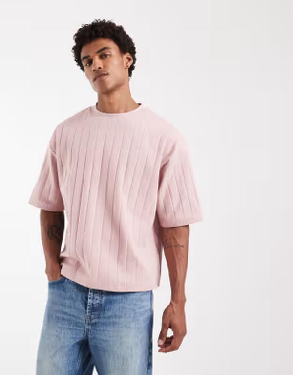エイソス メンズ トップス ティーシャツ ASOS DESIGN boxy oversized T-shirt wide rib Pale Mauve さくら色