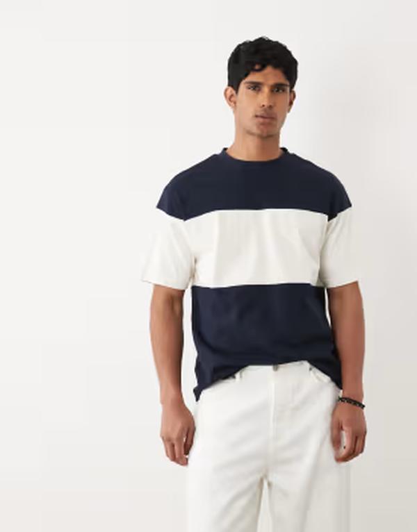 エイソス メンズ トップス ティーシャツ 対比 ASOS DESIGN heavyweight relaxed T-shirt with contrast panel Sky captain 米国海軍