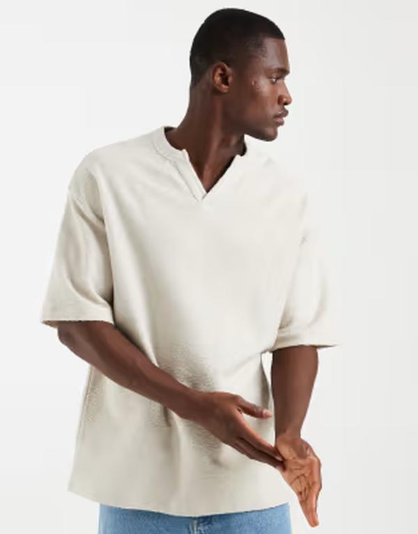 エイソス メンズ トップス ティーシャツ ASOS DESIGN heavyweight oversized T-shirt with notch neck texture Rainy day ベージュ