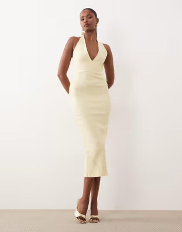 ベスパー レディース トップス 衣裳 五分五分約款 MIDI ホルター Vesper bengaline scoop halterneck tie detail MIDI dress インチ yellow 黄色
