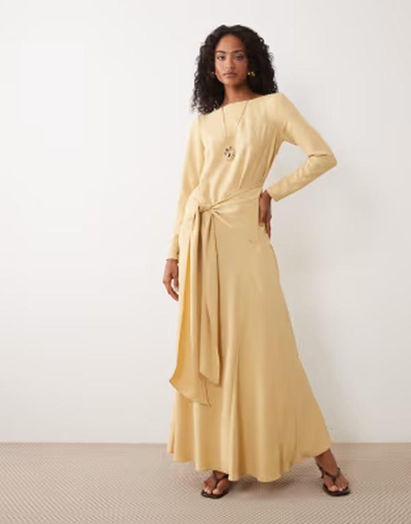 エイソス レディース トップス 衣裳 五分五分約款 マキシ ASOS DESIGN long sleeve full hemaxi dress with tie detail Soft Gold ゴールド