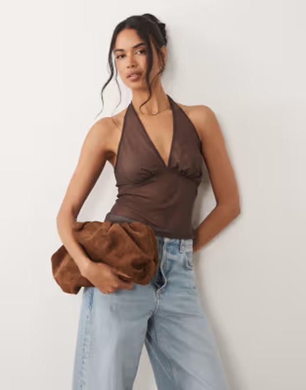 エイソス レディース トップス プルオーバー メッシュ シアー ホルター ASOS DESIGN sheer meshalter neck top インチ chocolate 黒茶