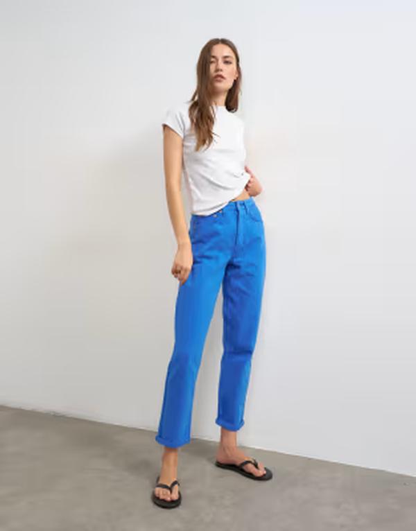 いの一番販売店 レディース ボトムス ジーンズズボン下 デニム Topshop Mom high rise loose fit jeans インチ cobalt 青緑色