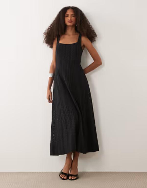 マンゴ レディース トップス 衣裳 MIDI ノースリーブ 綿織物 刺しゅう Mango 100% cotton square neck sleeveless embroidered MIDI dress Black 黒いこと