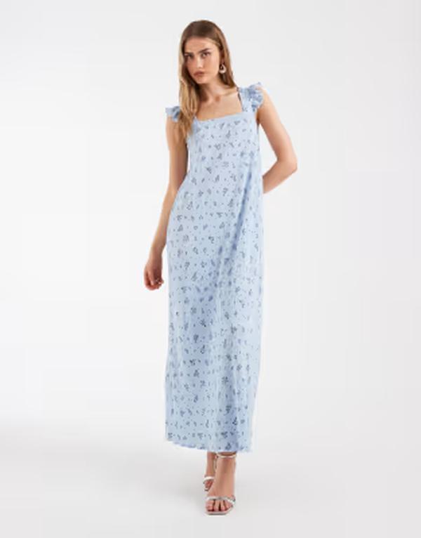 ピーシーズ レディース トップス ワンピース フラワー柄 マキシ フラワー PIECES pliss maxi dress with frill sleeves floral Blue flowers ブルー｜ReVida 店 15,000円