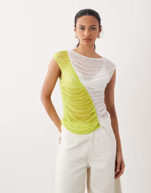 エイソス レディース トップス ティーシャツ ギャザー メッシュ ASOS DESIGN mesh ruched color block tank top and Green \u0026 white 白いこと