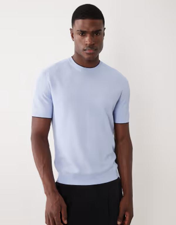 マンゴ メンズ トップス Tシャツ ニット Mango performance fine knit-shirt in pasle Pale blue ブルー｜ReVida 店