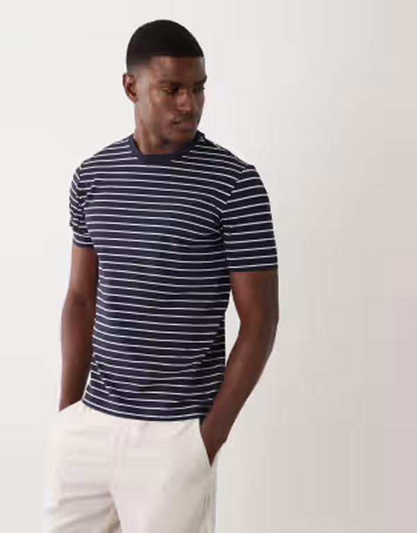 マンゴ メンズ トップス Tシャツ クルーネック Mango performance striped crew neck T-shirt NAVY ネイビー|ReVida 店