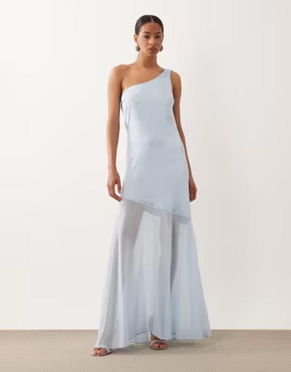 ティエフエヌシー レディース トップス 衣装 シフォン 繻子 スコート マキシ TFNC satin one shoulder cowl back chiffon skirt maxi dress インチ light BLUE 青色