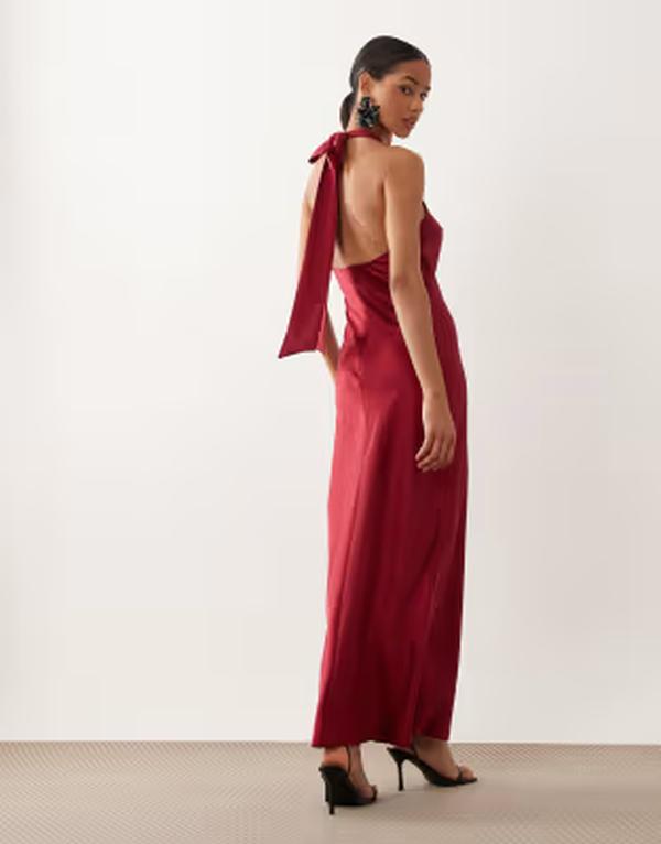 ティエフエヌシー レディース トップス 衣裳 繻子 マキシ ホルター TFNC satin racer halter bow detail maxi dress RED 赤いこと