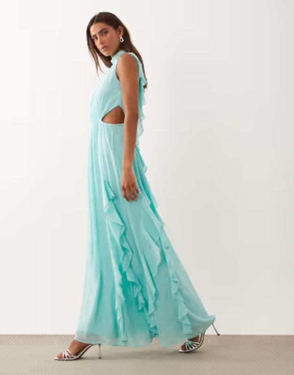 ティエフエヌシー レディース トップス 衣装 明けっ広げうしろ側 ハイネック フラウンス マキシ TFNC ruffle detail high neck maxi dress with open back and thigh slit インチ aqua アクア