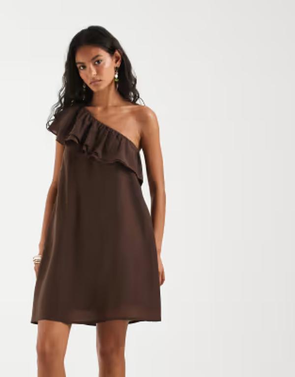 ピーシーズ レディース トップス ワンピース ミニ PIECES one shoulder frill trimini dress in coffee Chicory coffee コーヒー|ReVida 店